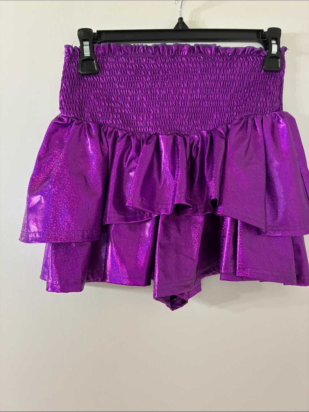 Peach Love California Purple Metallic Smocked Ruffle Mini Skirt